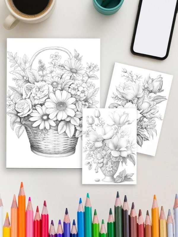 Blooming Grace – 75 Flower Basket Coloring Pages with Peonies & Magnolias - Image 4