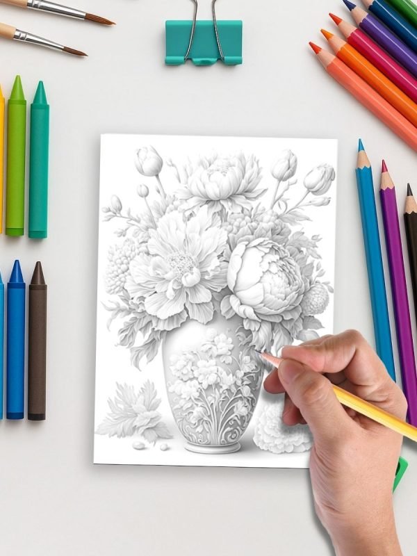 Blooming Grace – 75 Flower Basket Coloring Pages with Peonies & Magnolias - Image 5